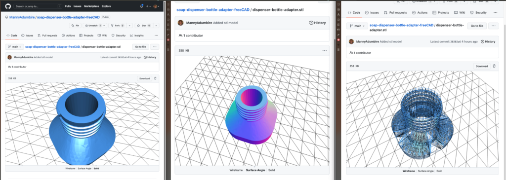 3d model rendered on Github.com in  Solid, Surface Angle, and Wireframe views.